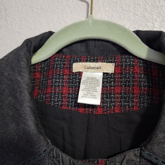 LULUMARI plaid trench coat dark academia snap button long line jacket grey red S - Picture 7 of 8